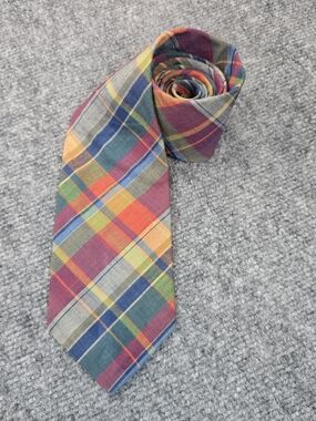Brooks Brothers 100% Cotton Madras Plaid Tie Red Blue Green Yellow Made in USA